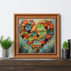 Succulent Garden Love Wall Art, Desert Cactus Impasto Oil Painting, Sage Green Heart Shaped Home Decor, Southwestern Digital Art Print