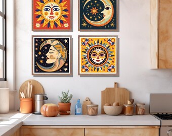 Mexican Kitchen Wall Art, Gallery Set of 4 Talavera Tile Matte Poster Prints, Sun and Moon Art, Rustic Hacienda Cocina Home Decor