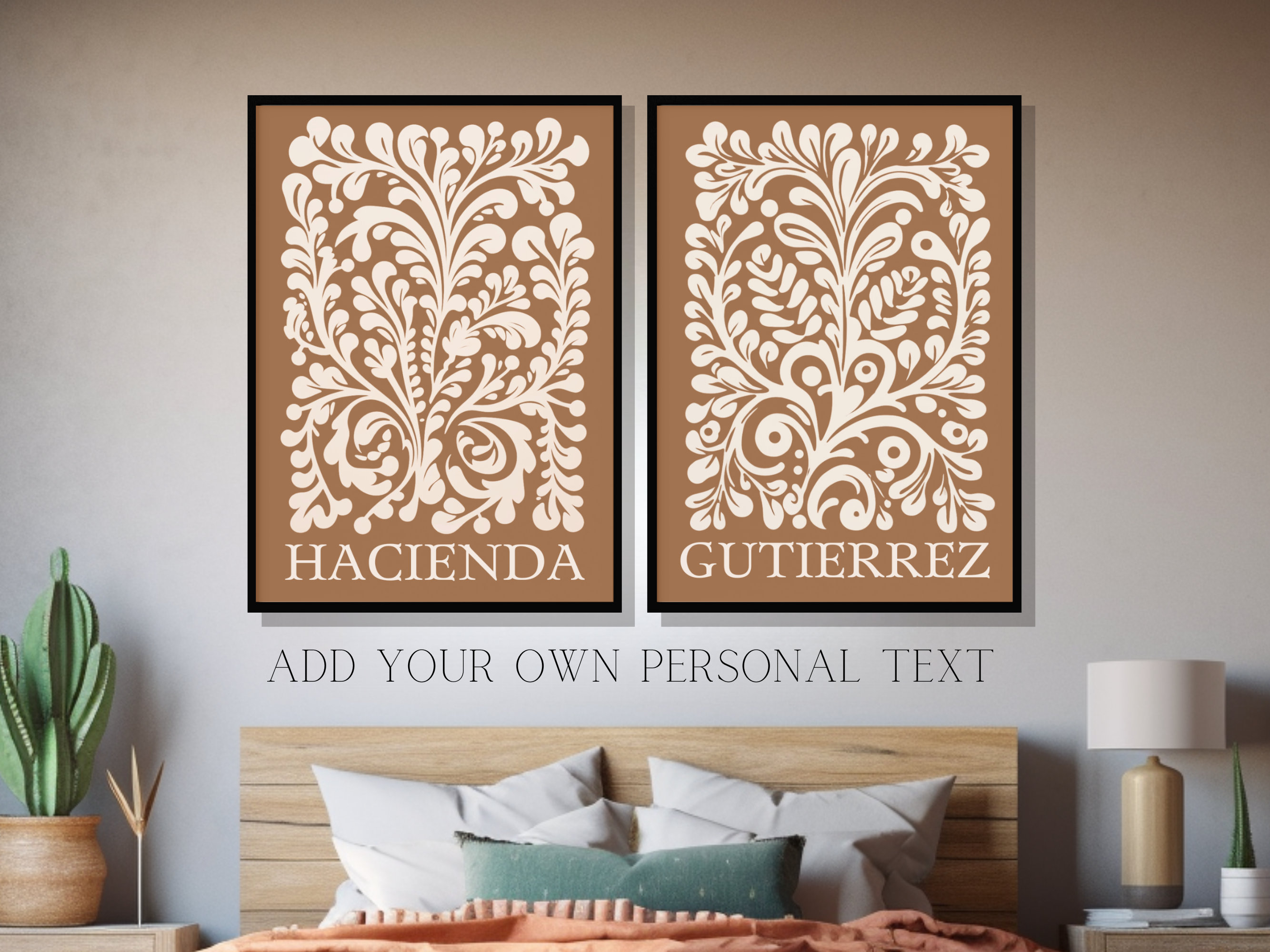 Personalized Mexican Wall Art, Gallery Set of 2 Talavera Tile Matte Poster Prints, Burnt Orange Terracotta Rustic Hacienda Home Decor