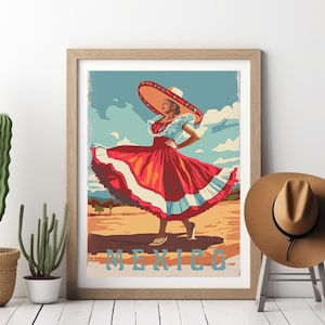 Traditional Mexican Dancer Art Print, Vintage Mexico Poster, Colorful Folklorico Dancer Wall Decor,  Retro Latino Art Gift Digital Download