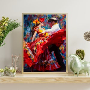 Modern Mexican Folk Art Impasto Oil Painting, Ballet Folklorico Digital Art Print, Southwestern Decor, Latina Folk Dancer Printable Poster