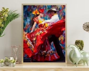 Puede incluir: Una pintura de una pareja bailando con ropa tradicional mexicana. La mujer lleva un vestido rojo, amarillo y verde con una gran flor colorida en el pelo. El hombre lleva una camisa blanca, pantalones negros y un sombrero de vaquero. El fondo es una pintura abstracta colorida.