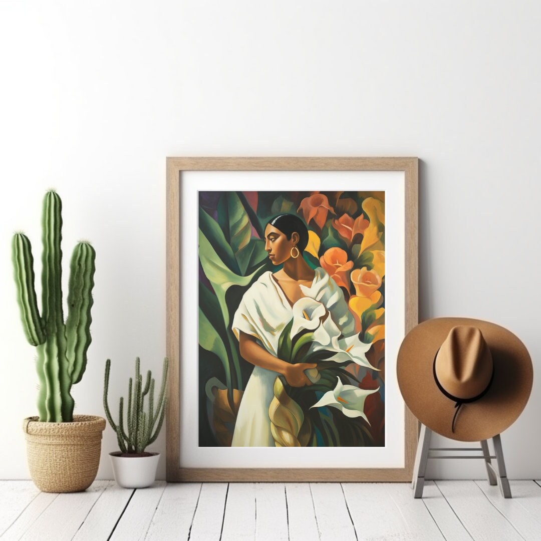 Mexican Folk Art Canvas Print, Antique Oil Painting, Calla Lily Flower Painting, Southwestern Wall Art, Rustic Mexican Botanical Home Decor