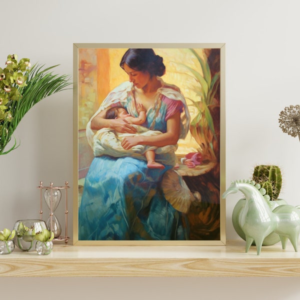 Vintage Oil Painting, Mexican Folk Art, Mother and Baby Nursery Art, Southwestern Poster, Digital Art Print, Elegant Printable Wall Decor