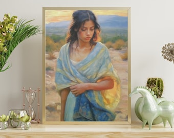 Pintura al óleo antigua, arte popular mexicano, paisaje del atardecer del desierto, cartel del suroeste, impresión de arte digital, decoración imprimible de hacienda rústica