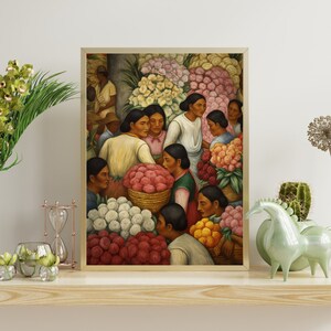 以下が含まれることがあります： 市場で、カラフルな花や農産物に囲まれた人々のグループを描いた絵画。人々は伝統的な服装をし、互いに交流しているように見える。絵画は、鮮やかな色で写実的なスタイルで描かれている。