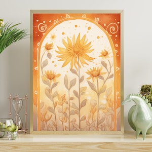 Sun and Sunflower Folk Art Print, Spiritual Illustration, Vintage Bohemian Bedroom Decor, Printable Warm Earth Tone Floral Poster Room Decor