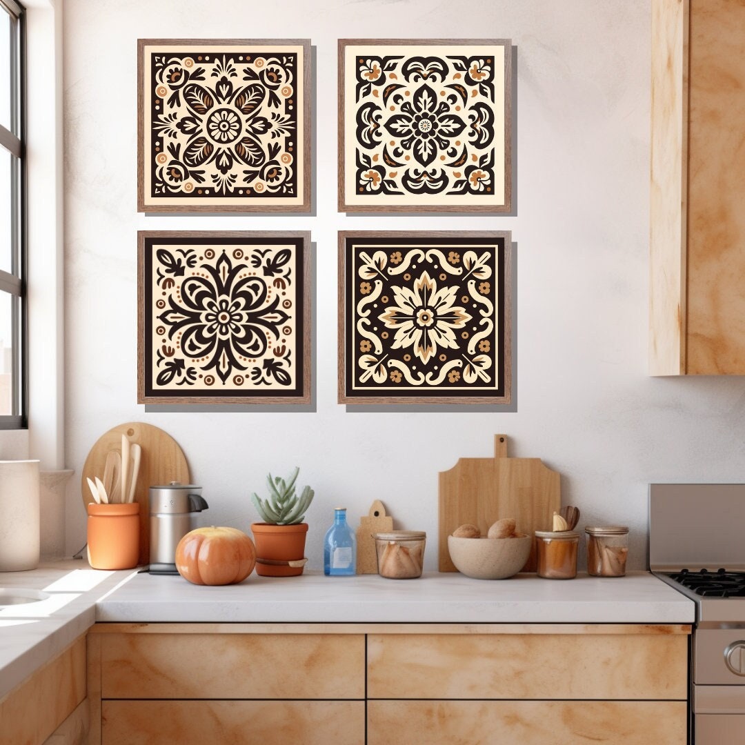 kitchen wall art prints for modern and traditional... Mexican Kitchen Wall Art, Gallery Set of 4 Talavera Tile Digital Print ...