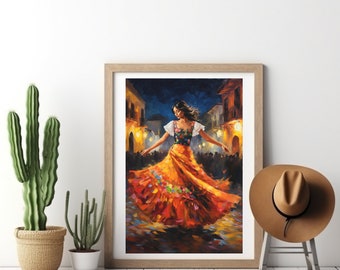 Puede incluir: Una pintura de una mujer con un vestido naranja y rojo colorido bailando en una escena de calle. La mujer lleva una blusa blanca con bordados florales y una faja roja. El fondo es una escena nocturna con edificios y farolas.