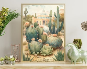May include: A watercolor painting of a desert landscape with a variety of cacti and succulents. The painting features a small building with a domed roof in the background. The text "SAGUARO PRINTS CO." is at the bottom of the painting.