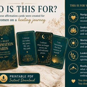 May include: A deck of Daily Reset Affirmation Cards in a dark teal box with gold mandala designs, accompanied by three individual cards displaying text and illustrations. The image includes a list of benefits and a printable PDF instant download button.