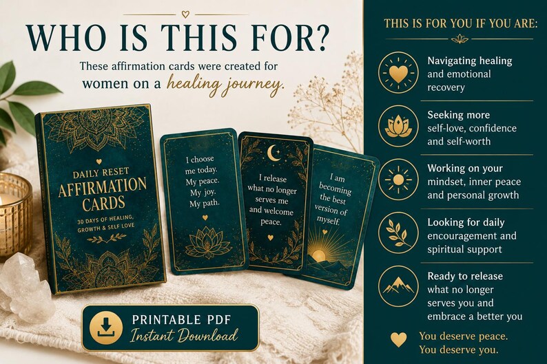 May include: A deck of Daily Reset Affirmation Cards in a dark teal box with gold mandala designs, accompanied by three individual cards displaying text and illustrations. The image includes a list of benefits and a printable PDF instant download button.
