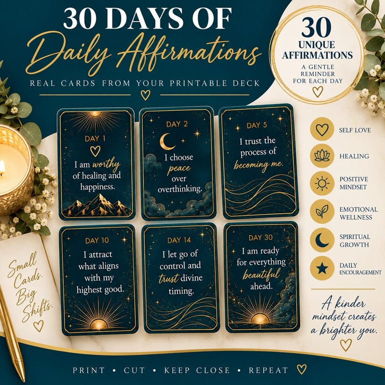 May include: A set of 30 daily affirmation cards featuring dark blue backgrounds with gold celestial illustrations and text. Each card displays a specific day number and an inspirational quote. The deck includes themes like self-love and healing.