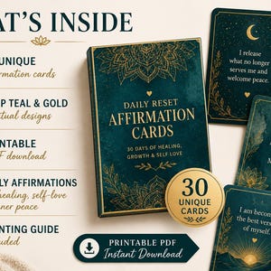 May include: A set of Daily Reset Affirmation Cards featuring a deep teal and gold colour palette. The box and individual cards display intricate mandala-style patterns, gold text, and inspirational phrases. A circular badge indicates 30 unique cards.