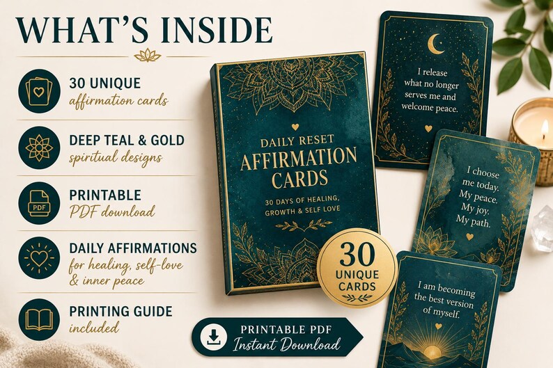 May include: A set of Daily Reset Affirmation Cards featuring a deep teal and gold colour palette. The box and individual cards display intricate mandala-style patterns, gold text, and inspirational phrases. A circular badge indicates 30 unique cards.