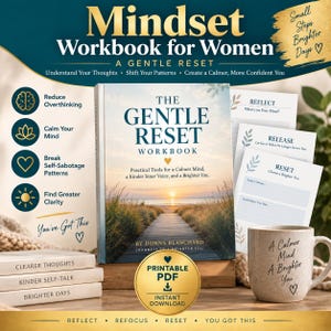 May include: A workbook titled The Gentle Reset with a cover showing a beach path at sunset. The set includes printed pages with headings Reflect, Release, and Reset, a speckled ceramic mug with text, and three stacked books labelled Clearer Thoughts, Kinder Self-Talk, and Brighter Days.