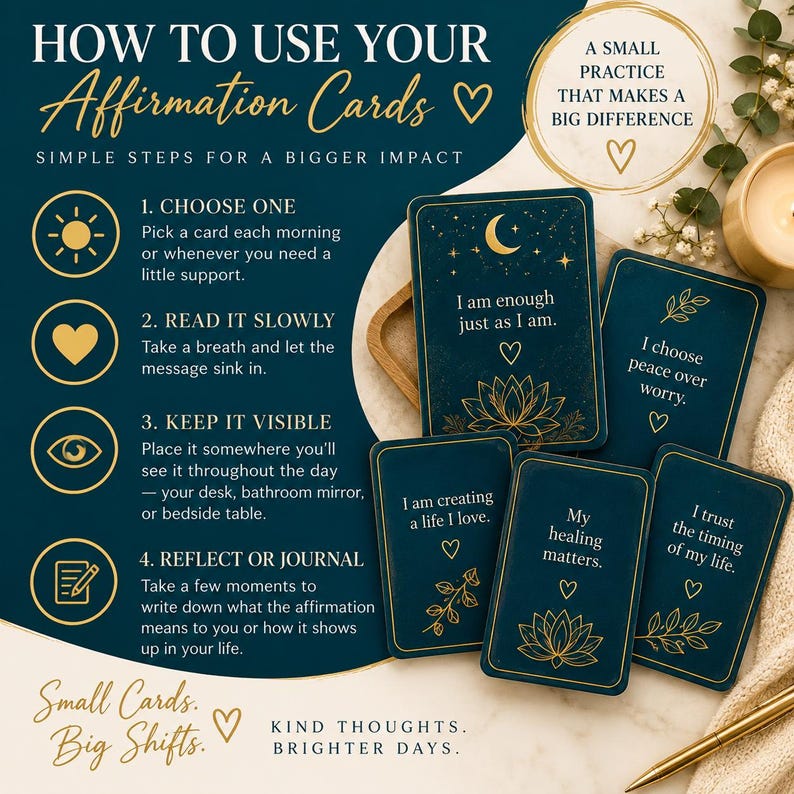 May include: A set of dark teal affirmation cards with gold foil illustrations and text. The cards feature phrases like I am enough just as I am, I choose peace over worry, I am creating a life I love, My healing matters, and I trust the timing of my life. The image includes instructions on how to use the cards and the text Small Cards, Big Shifts and Kind Thoughts, Brighter Days.