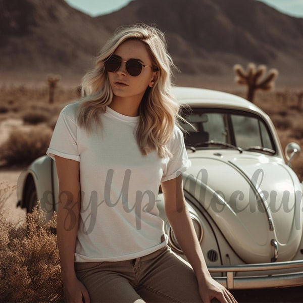 Girl In The Desert Mockup, White Bella Canvas Tshirt Mockup, Professional Photography Model