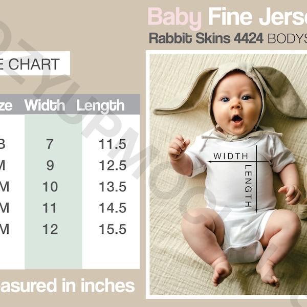 Rabbit Skins 4424 Size Chart, Sizing Guide, Infant Bodysuit, Size Chart, Baby Size Chart, Rabbit Skins Infant Mockup, Infant Mock Up