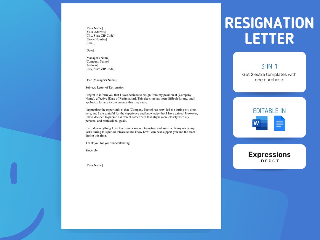 Resignation Letter Template Microsoft Word/google Docs/pdf Notice Resignation Letter Template Microsoft Word/google Docs/pdf Notice