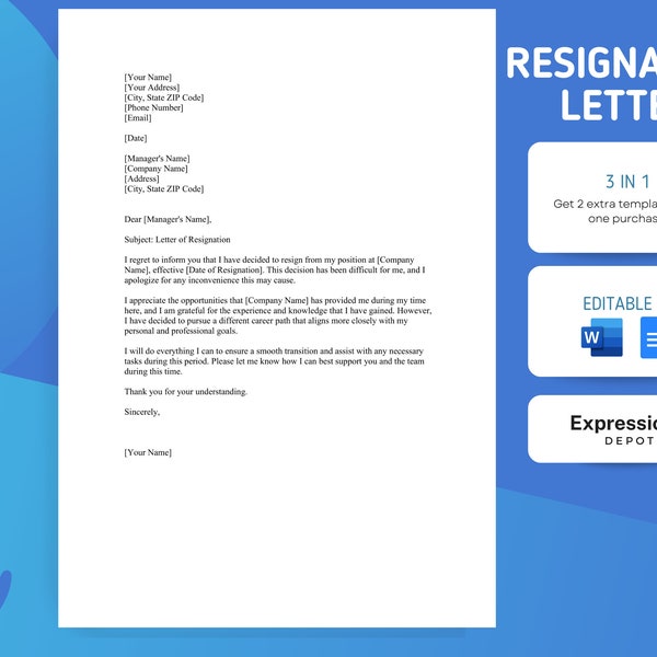 Resignation Letter Template - Microsoft Word/Google Docs/PDF - Notice Letter. Resign Letter. Printable