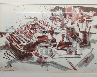 Originelles Schreibmaschinen-Stillleben – Künstlerische Lithografie von 1990