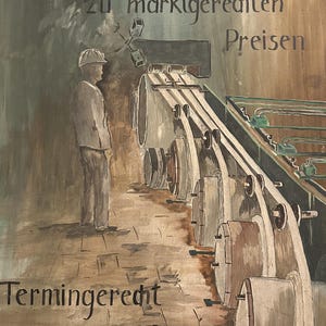 Scuola tedesca (xx) Pittura a olio Vecchio poster pubblicitario industriale firmato a mano
