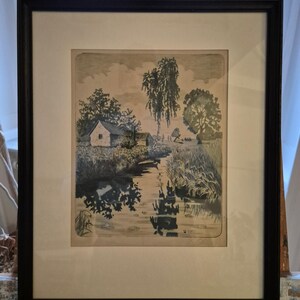 Original Grafik (xx) Lithographie Handsigniert Landschaft Idylle mit Fluss