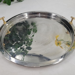 Attraktives Modernes Neusilber Tablett, Glamour mit Goldhenkeln
