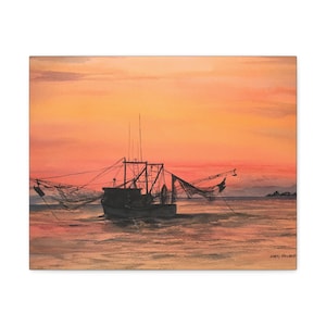 Days End - Canvas Gallery Wrap, Shrimp boat, sunset, Fine Art, Watercolor, Florida, Fishing, Coastal,