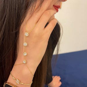 Gold Bracelet Mother&#39;s Day Gift, Dainty Plated Hand Chain Bracelet, Gold Ring Bracelet, Stone Silver Shahmeran Bracelet,  Slave Bracelet