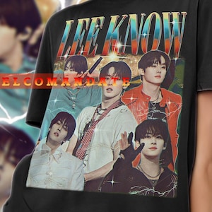 Könnte beinhalten: Schwarzes T-Shirt mit einem Vintage-Grafikdruck einer Boyband namens "Lee Know" mit dem Text "El Commandante" darunter.