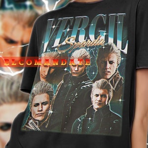 May include: Black t-shirt featuring a graphic design with the text "Vergil Sparda" and multiple images of a character. The design has a vintage, distressed look with blue and white accents. The shirt is worn by a person.