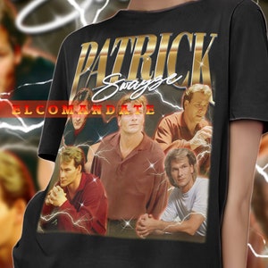 May include: A black t-shirt with a gold graphic print of a collage of men's faces. The text "Patrick Swagz Elcomandate" is printed in gold on the shirt.