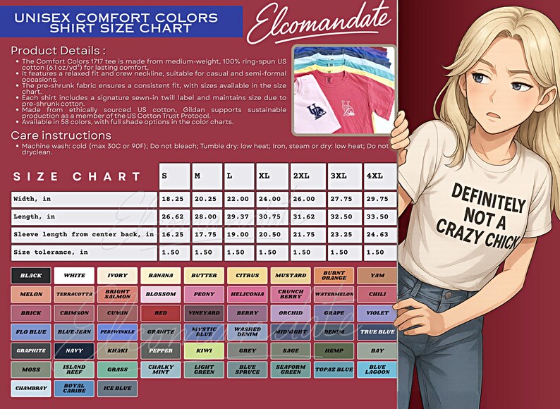 The image is a collage of various images, including a cartoon of a woman wearing a white shirt with a slogan, a size chart, and a list of different shirt colors and styles.