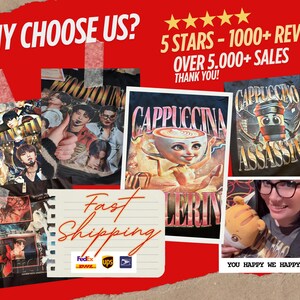 The image is a collage of various images, including a person holding a coffee cup, a person holding a stuffed animal, and a person holding a sign. The collage also includes text that reads "Why choose us? 5 stars - 1000+ reviews OVER 5,000+ sales Thank you!".