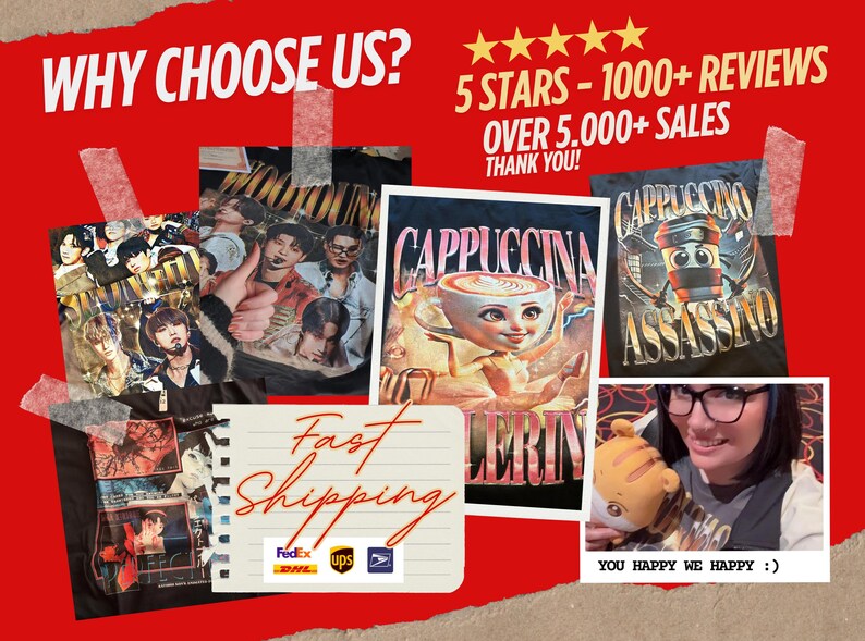 The image is a collage of various images, including a person holding a coffee cup, a person holding a stuffed animal, and a person holding a sign. The collage also includes text that reads "Why choose us? 5 stars - 1000+ reviews OVER 5,000+ sales Thank you!".
