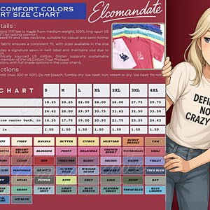 The image is a collage of various images, including a cartoon of a woman wearing a white shirt with a slogan, a size chart, and a list of different shirt colors and styles.