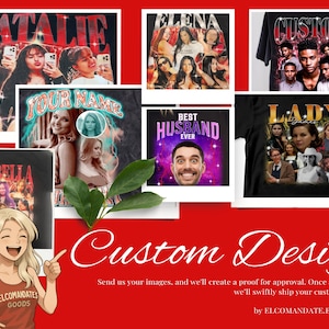 Może przedstawiać: Kolaż koszulek z nadrukiem na zam&oacute;wienie z r&oacute;żnymi grafikami. Koszulki zawierają teksty takie jak "NATALIE", "ELENA", "CUSTOM", "YOUR NAME", "BEST HUSBAND EVER", "LADY" i "ISABELLA". Obraz zawiera r&oacute;wnież ilustrację kobiety i tekst "Custom Design".