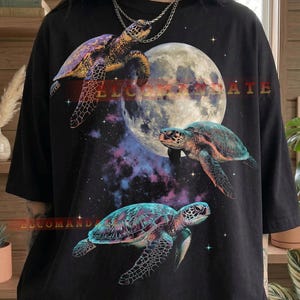 Sea Turtle Space Galaxy Full Moon Ocean Animal Lover Comfort Colors® Tshirt, Cosmic Wildlife Marine Nature Stars Universe Surreal Art Tee