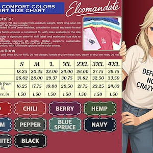 Może przedstawiać: Biała koszulka z napisem "DEFINITELY NOT A CRAZY CHICK" jest wyświetlana obok tabeli rozmiar&oacute;w dla koszulek Comfort Colors 1717. Tabela zawiera wymiary w cm dla rozmiar&oacute;w od S do 4XL, w tym szerokość, długość i długość rękawa.