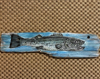 Striped Bass Painting on Driftwood