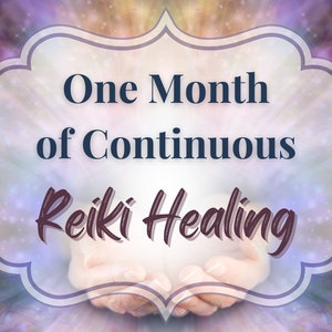 Könnte beinhalten: Ein weißes Banner mit blauem Rand und abgerundeten Ecken. Das Banner lautet "One Month of Continuous Reiki Healing". Das Banner ist von einem lila und rosa Hintergrund mit einem funkelnden Effekt umgeben.