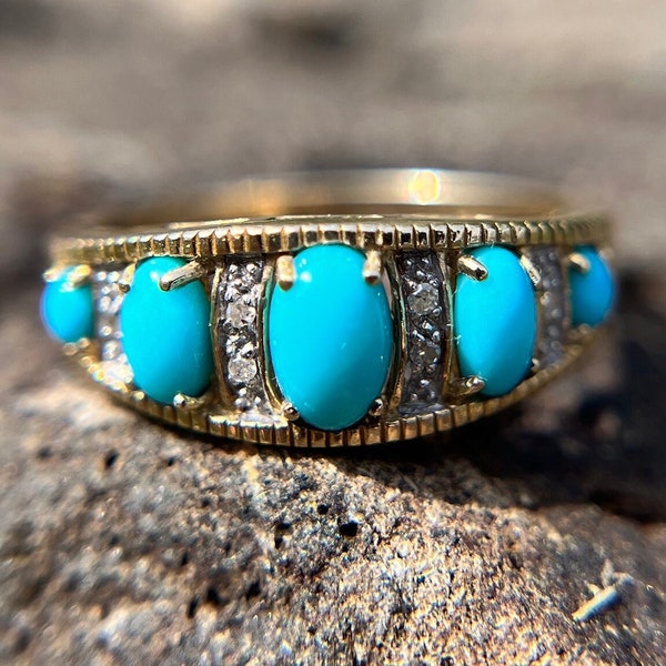 Five Stone Turquoise and Diamond 14k Gold Ring