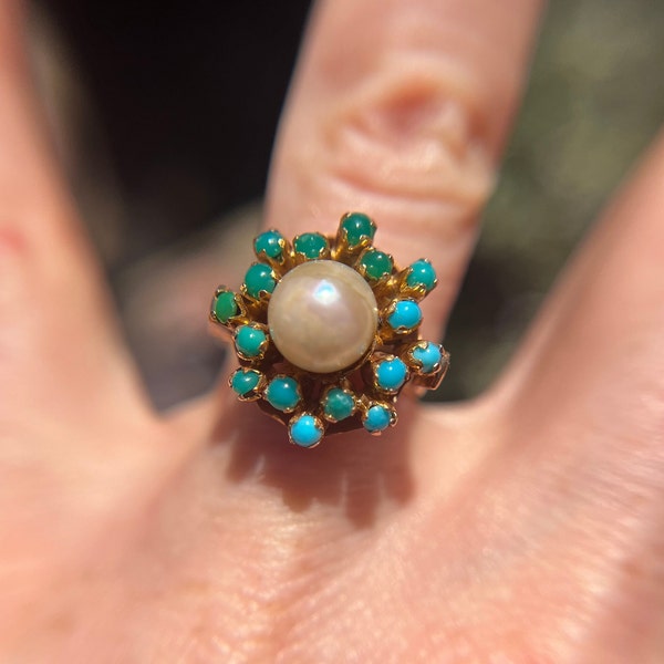 Sweet Pearl and Turquoise Seed Gold Ring