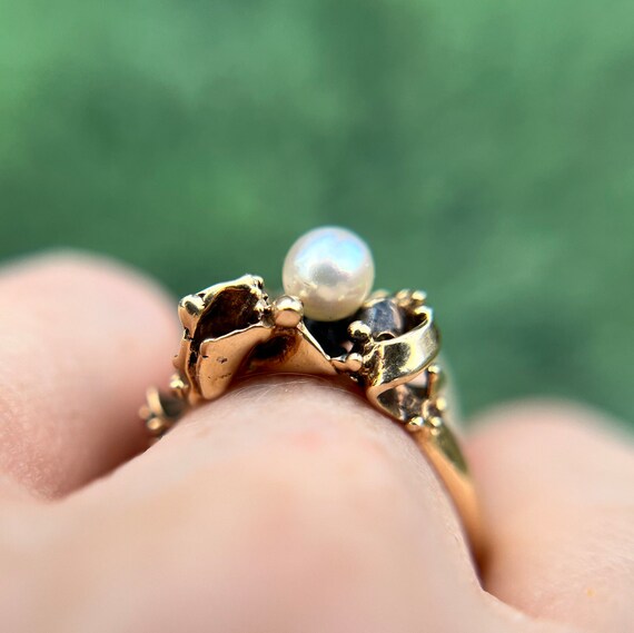 14k Yellow Gold Natural Pearl Coral Ring - image 2