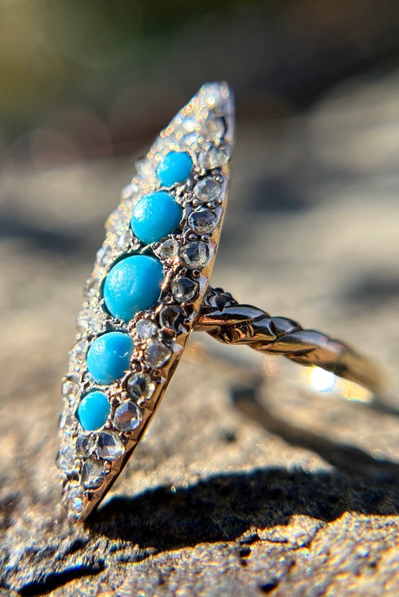 Victorian Era Turquoise and Diamond 14k Ring