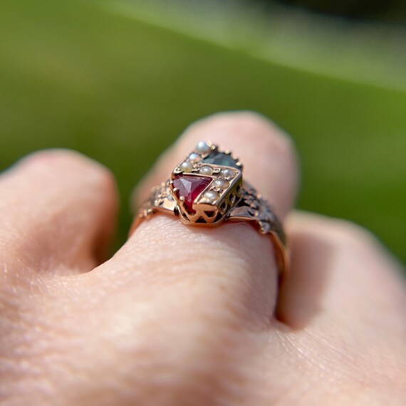 Unique Antique Pearl and Tourmaline 14k Ring - image 3