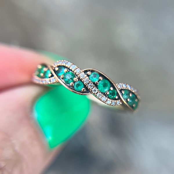 SOLD—LeVian Emerald and Diamond 14k Rose Gold Helix Band