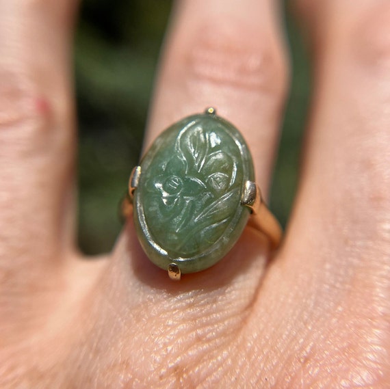 Carved Jadeite 14k Yellow Gold Floral Ring - image 1